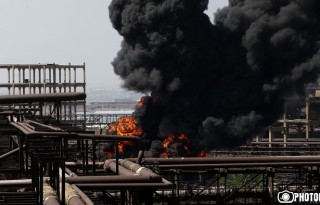 A massive fire after explosion is in 'Nairit 1' plant in Yerevan, Armenia