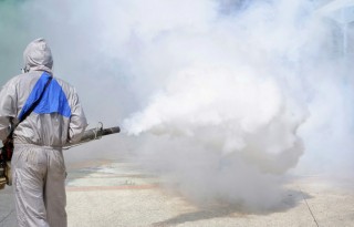 Worker using fogging machine spraying chemical to eliminate mosquitoes and prevent dengue fever